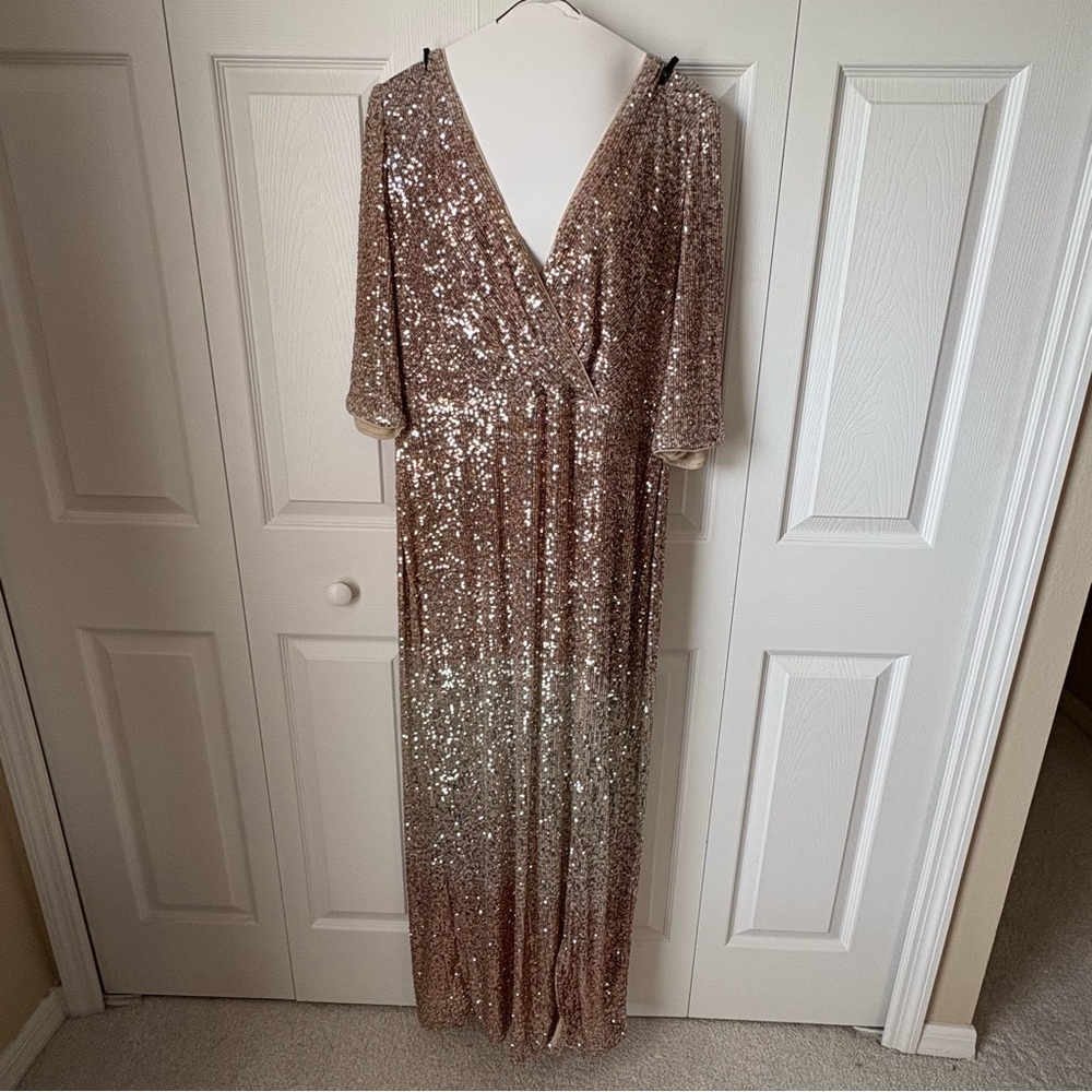R&M RICHARDS Womens Beige Sequined Zippered 3/4 Sleeve Full-Length Formal Dress